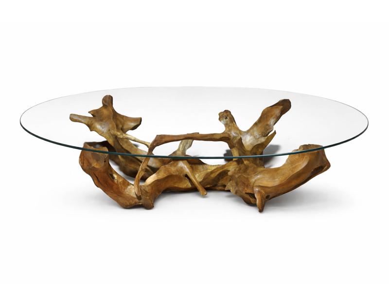 TEAK ROOT TABLE WITH GLASS LE MARAIS
