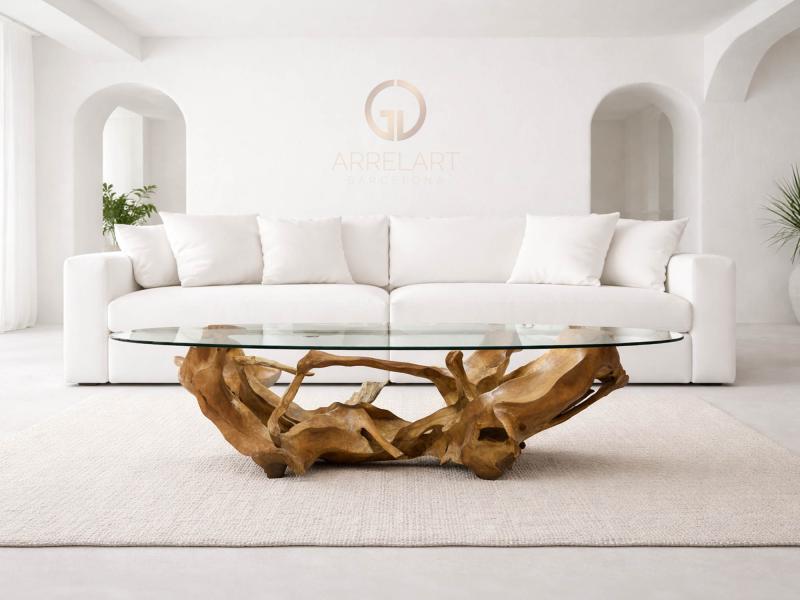 MESA RAIZ DE TECA CON CRISTAL LE MARAIS