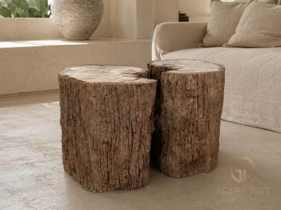 COPPIA DI SGABELLI DECORATIVI IN LEGNO PIETRIFICATO